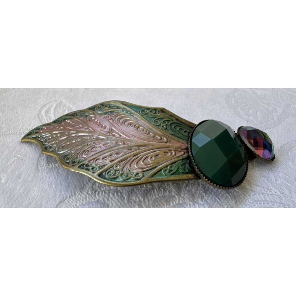 Cara NY Green Gold Rhinestone Feather Hair Barrette Pin Steampunk NEW